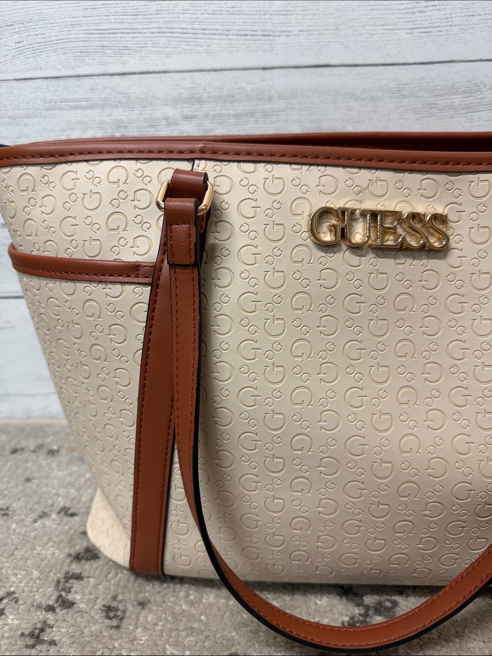NWT GUESS Cream and Brown Signature Evie Tote Bag